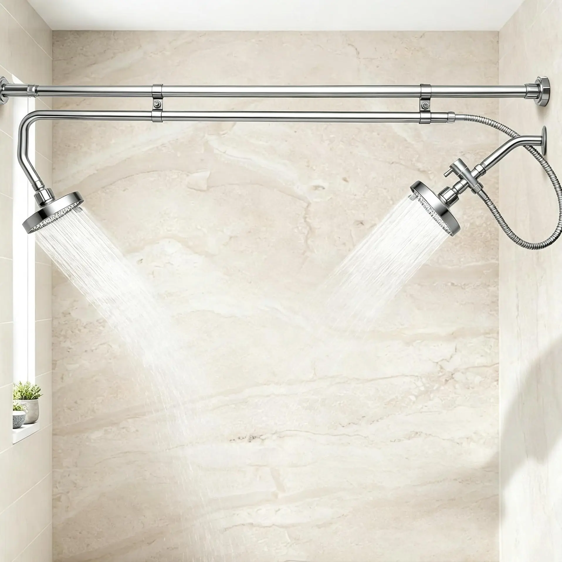 Tandem Shower,Dual Shower Heads  with Handheld head | Triple Shower Head System for Two People, 48-78 In for bathroom,High Pressure and 360° Adjustable Double Shower Head-Silver
