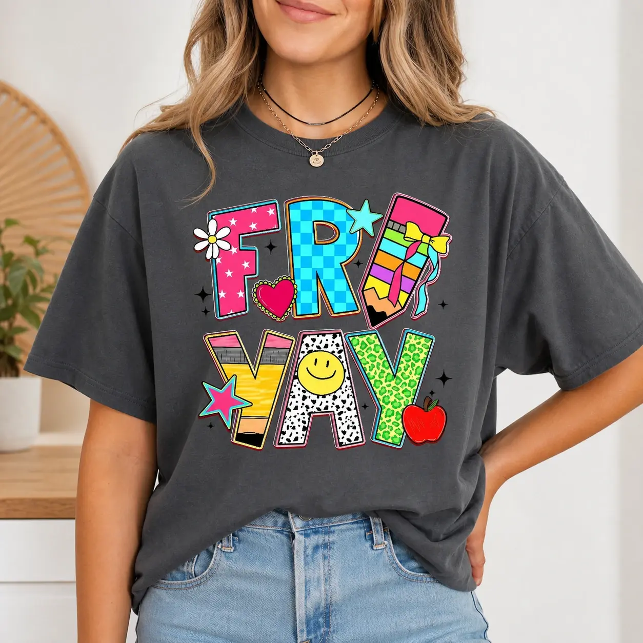 Fri Yay Teacher T-Shirt with Colorful School Doodle Graphic, Friday Classroom Tee for Teachers, Aides, Educators, Back to School Spirit Outfit with Pencil Apple Smiley Star Design- Philip82 Store Women's T-shirt