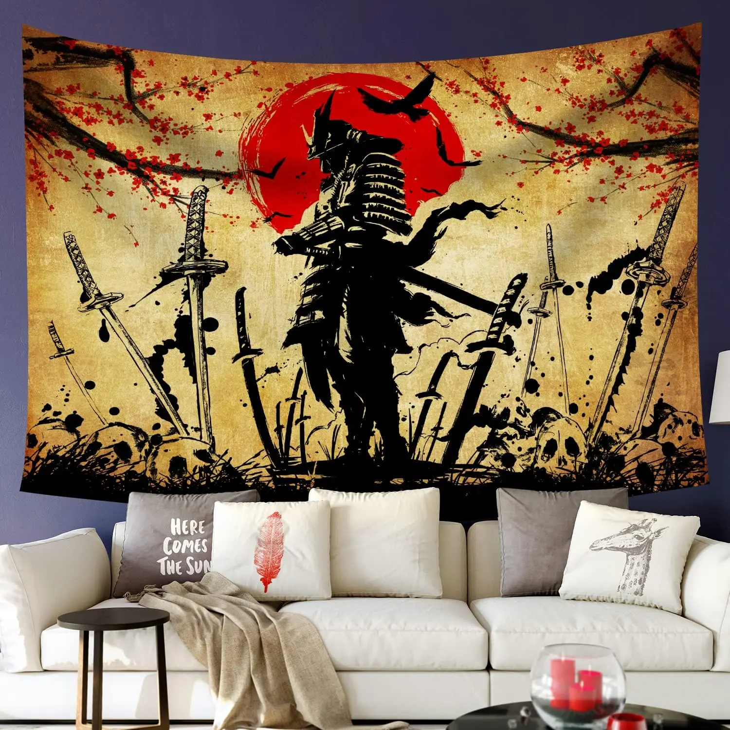 Japanese Samurai Theme Katana Sword Tapestry Wall Hanging - 80x60in Cotton, Anime Sunset Warrior Cherry Blossom Design, Lightweight Synthetic Hand Wash Safe Indoor Home Decor, Room Decor for Bedroom Living Room