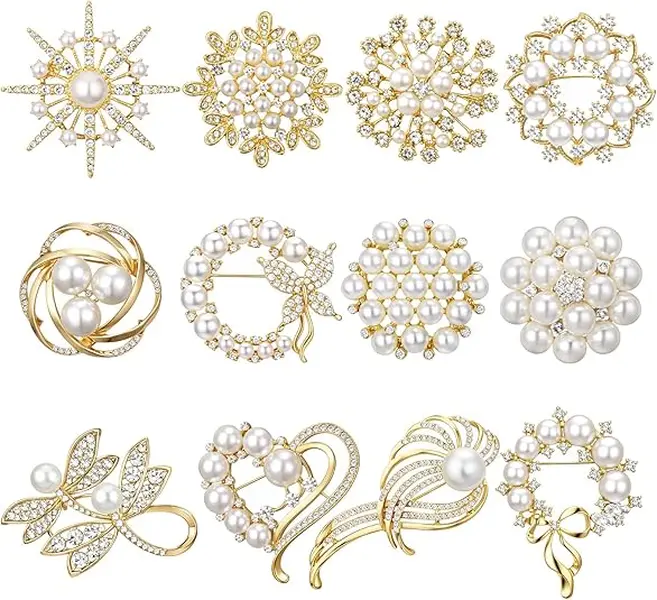Women's Vintage Rhinestone Crystal Floral Brooches Bulk Set, 12-Piece Collar Clip Pins, Ideal Christmas Gifts for Women, Floral Shapes, Women Girls