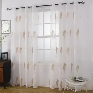 2pc Nordic Style Leaf Embroidered Sheer Curtains, Dustproof Insulating UV Protection Polyester, Creamy Cotton-Like Look, Transparent Non-See Through