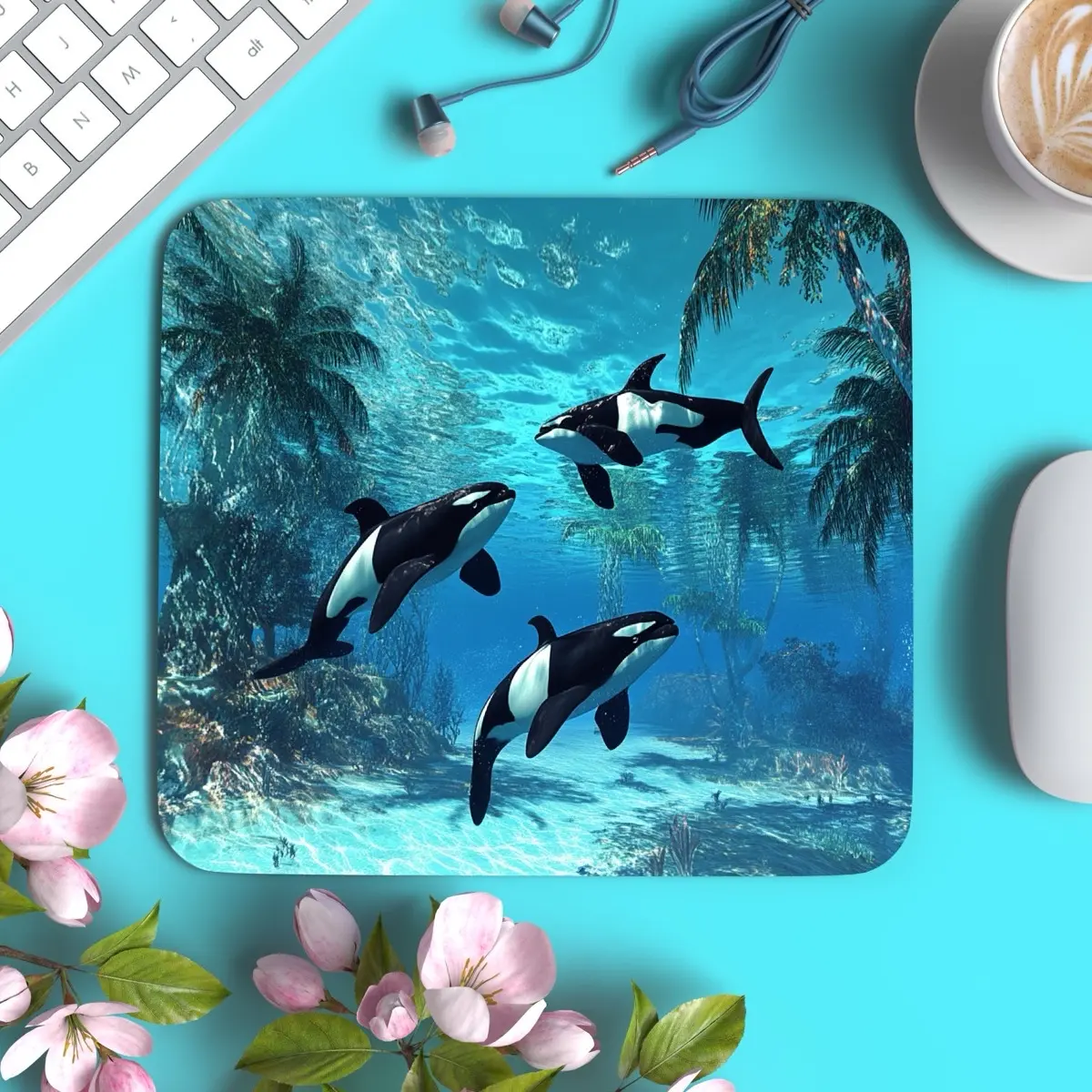 Frutiger Aero Y2K orca whale vaporwave Mouse Pad Handmade by Seller, Fish Aquarium computer accessories Fish MousePad for laptop and gaming animal zoo