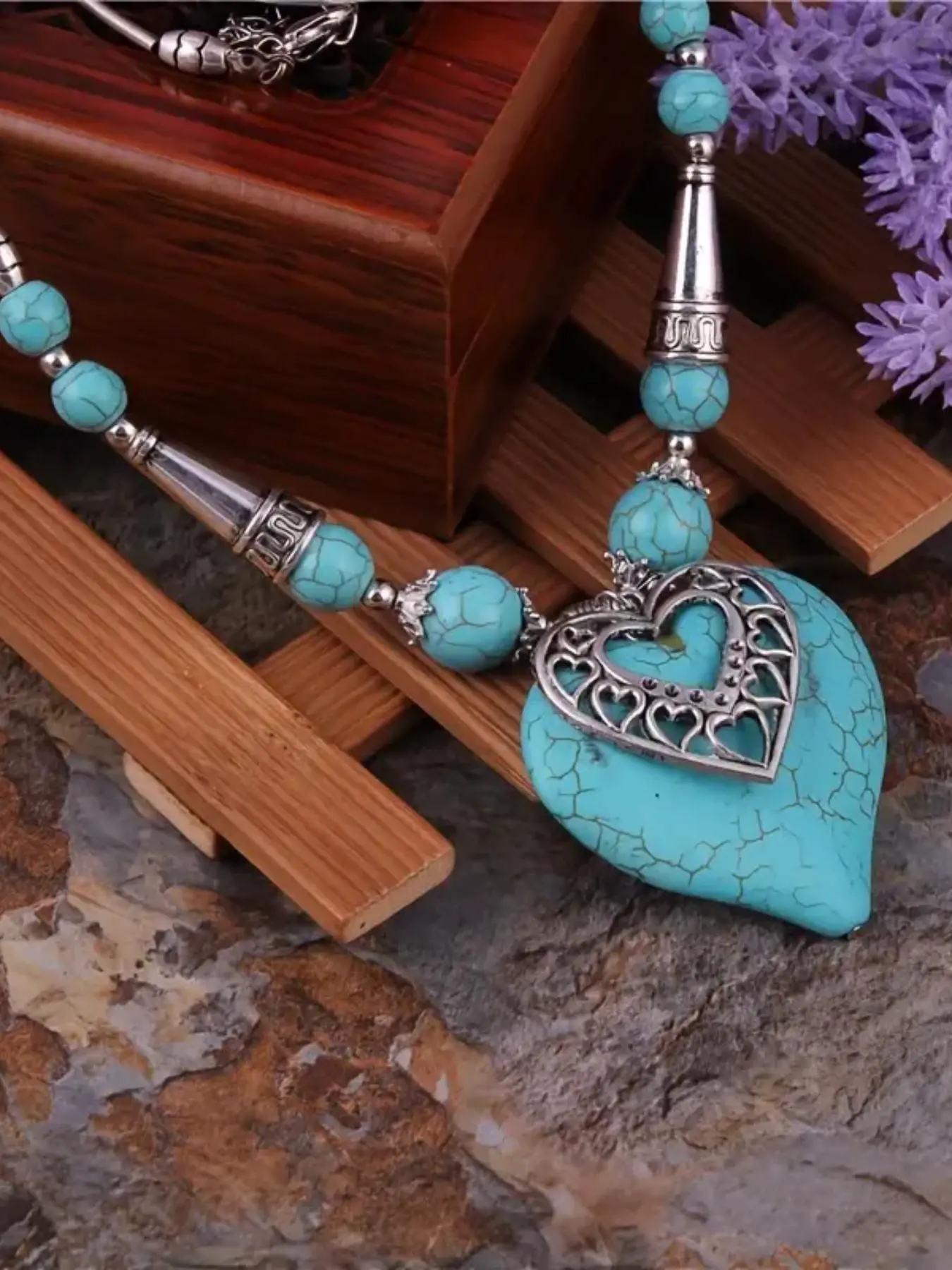 Boho Style Heart Pendant Necklace, Turquoise Decorative Jewelry for Women & Men, Vintage Accessories for Parties and Daily Wear, Exquisite Jewelry Gift