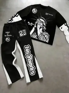 Men's Printed Striped Round Neck Long Sleeve T-Shirt and Drawstring Waist Casual Pants Set, Athletic Tracksuits, Sportswear, Streetwear, Los Angeles Style