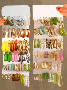 Mixed Shape Hoop Earrings, Fashion Colorful Resin Earrings Set for Women, Stylish Accessories for Every Occasion, Dangle Hoop Earrings, Hoop Jewelry, Dainty Fashion Jewelry