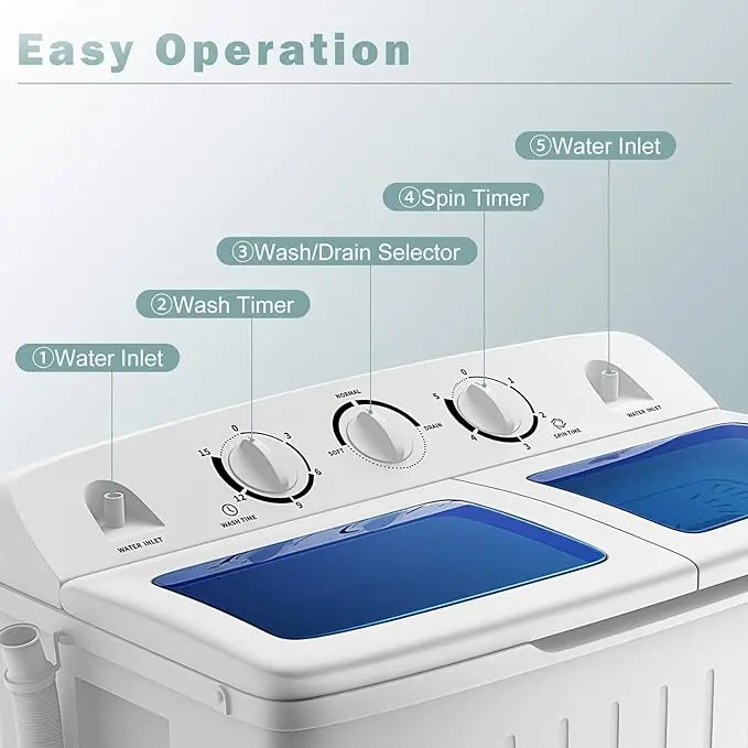 Costway Washing Machine-Portable Mini Compact Twin Tub Washer, Control Knobs, Timer Control, Built-in Pump Drain, Durable Design, Compact Laundry Washer for RV, Apartments and Dorms 2