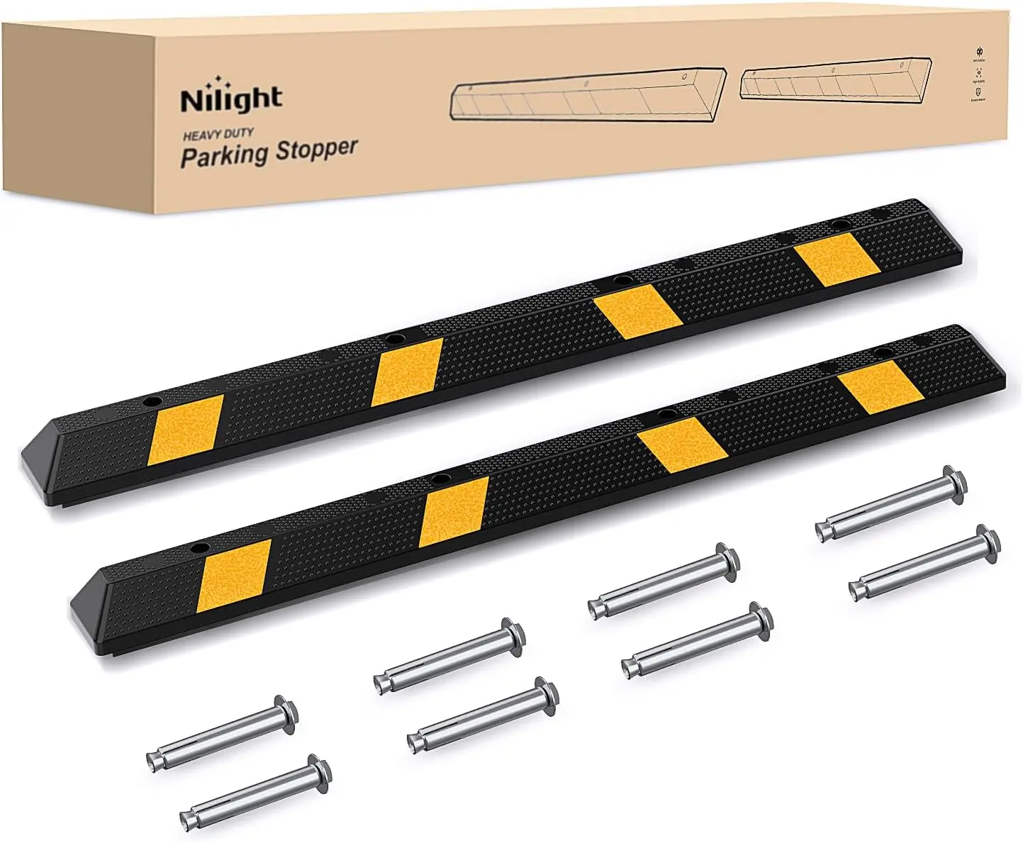 Nilight 72-Inch Heavy-Duty Rubber Garage Parking Stopper 2-Pack, Industrial Grade, with Reflective Stripe, Installation Bolts, 71.3"x5.9"x3.9", Easy Installation for Safe Accurate Car/Truck Parking in Driveways