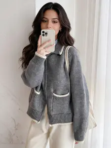 Women's Fall Winter Casual Retro Color Block Lapel Zipper Cardigan, Vintage Style, Comfortable and Stylish, Perfect for Daily Wear