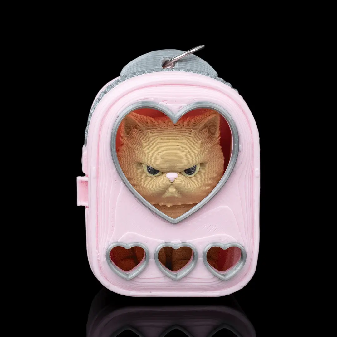 Fluffy Persian Cat Figurine in Heart Carrier - Decorative, Durable Figurines & Miniatures, Built-in Clip Ring, Cute Kitty Desk Decor, Heart-Window Carrier, Lightweight