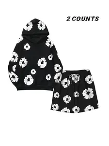 Autumn Winter New Floral Print Fleece Hoodie Set, Casual Loose Fit Long Sleeve Top + Drawstring Wide Leg Shorts, Sporty