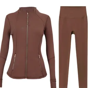 Yoga Set - Brown Long Sleeve Zipper Jacket & High Waist Leggings for Women's Fitness With logo