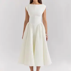 Spring and summer backless round neck sleeveless vest skirt women's niche medium and long dress solid color