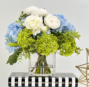 White Peony Blue Hydrangea, White Real Touch Rose, Berries, Arrangement Artificial Faux Centerpiece French Floral Flowers in Vase Home Decor
