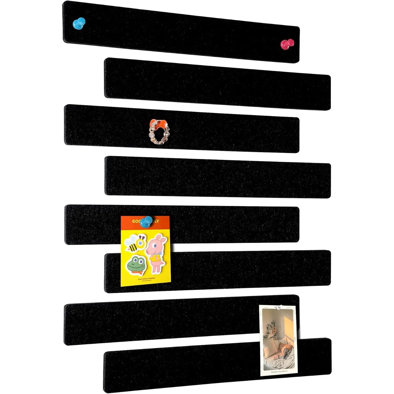 Cork Board for Walls - 8 Pack Felt Pin Board Bar Strips - Self-Adhesive Lightweight Bulletin Board - Black Cork Board for Office with 40 Push Pins No  for Wall