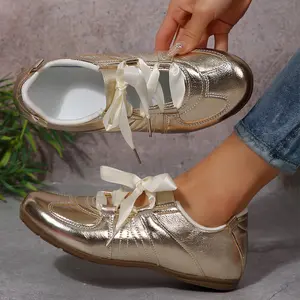 Women's Sneakers Chic Satin Bow Casual Shoes Shiny Metallic Sneakers Indoor Outdoor Shoes