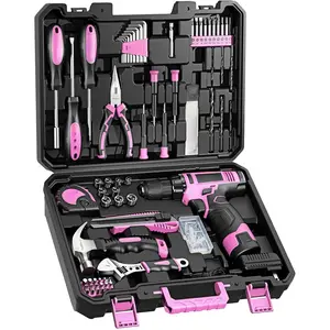 Drill Set, 148-Piece Home Tool Set with 12V Pink Cordless Drill, Hand Tool Kits, and Tool Box, Suitable for Men, Women, and DIY Enthusiasts for Home Improvement.