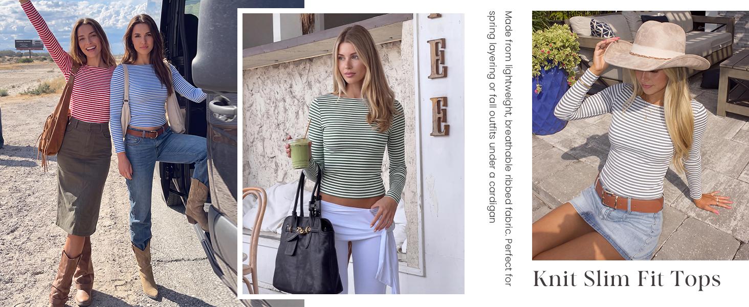 PRETTYGARDEN Long Sleeve Striped Shirts for Women | Soft Ribbed Knit ,Y2k Tshirt,Slim Fit Layering,Cute Tops,Basic Tee,Business Casual Outfits, Spring Fall Trendy Clothes#SohoChic