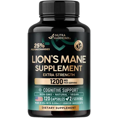 NUTRAHARMONY Organic Lions Mane - Certified Mushroom Supplement Made in USA - Fruiting Bodies Extract - 1200 mg, 25% Polysaccharides for Memory & Focus