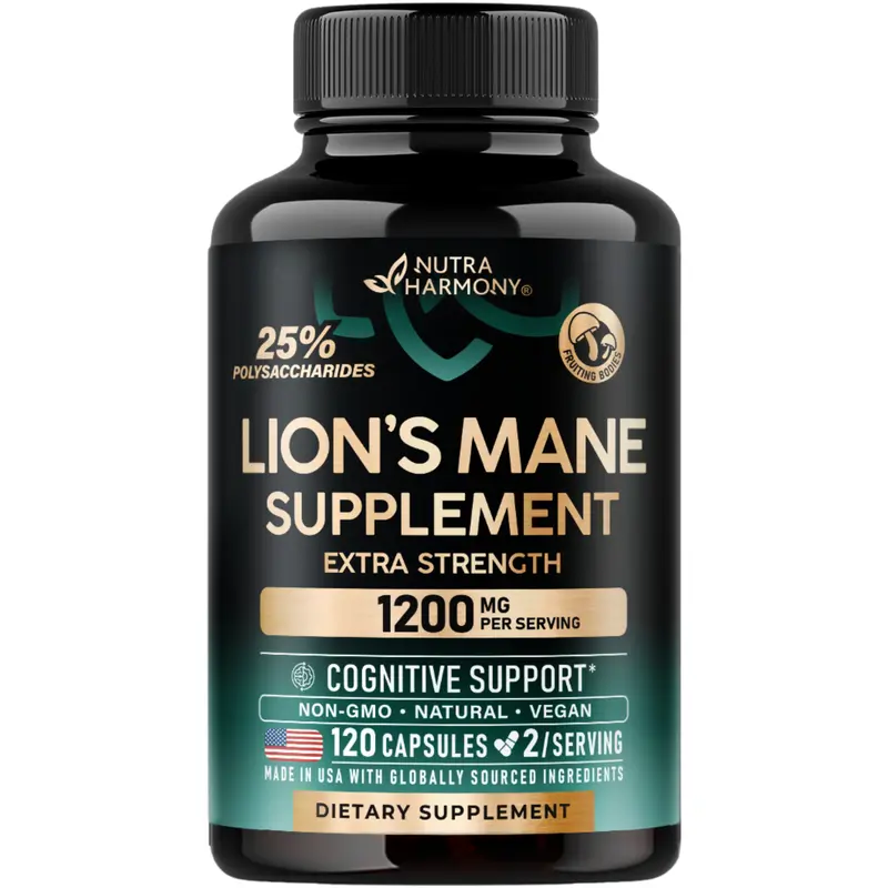 NUTRAHARMONY Organic Lions Mane - Certified Mushroom Supplement Made in USA - Fruiting Bodies Extract - 1200 mg, 25% Polysaccharides for Memory & Focus