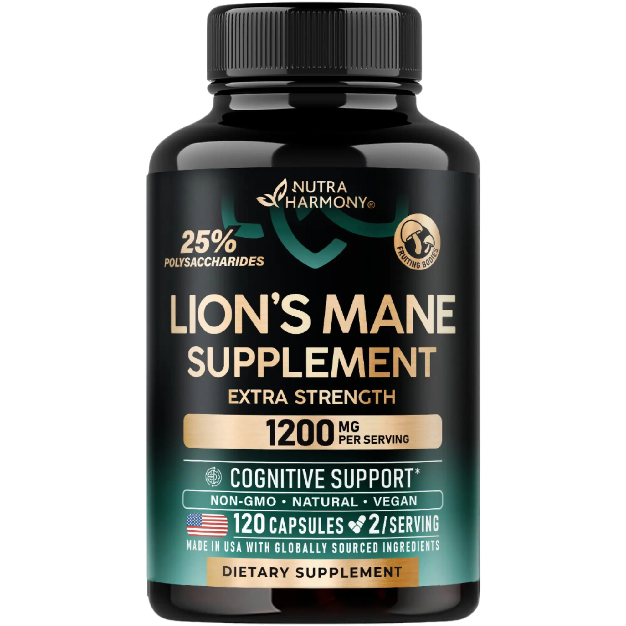 Organic Lions Mane - Certified Mushroom Supplement Made in USA - Fruiting Bodies Extract - 1200 mg, 25% Polysaccharides for Memory & Focus