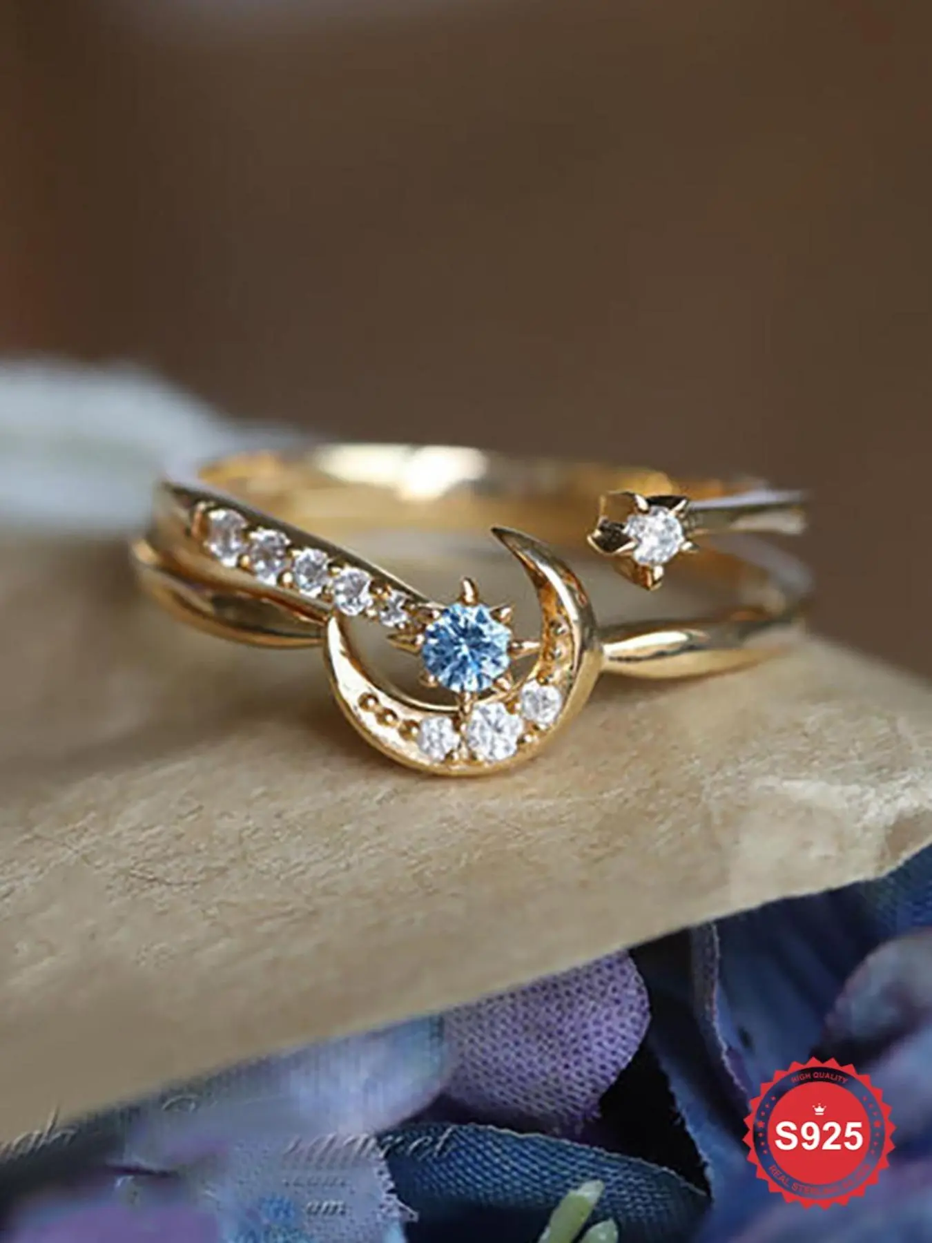 925 Sterling Silver Fashion Chic Star & Moon Design Cuff Ring, Artificial Zircon Decor Ring, Elegant Everyday Ring, Elegant Jewelry for Women, Gift for Girlfriend, Fashion Rings