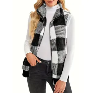 Autumn and winter new women's checked vest, comfortable open style sleeveless jacket, stand up collar design, casual and fashionable jacket, women's clothing