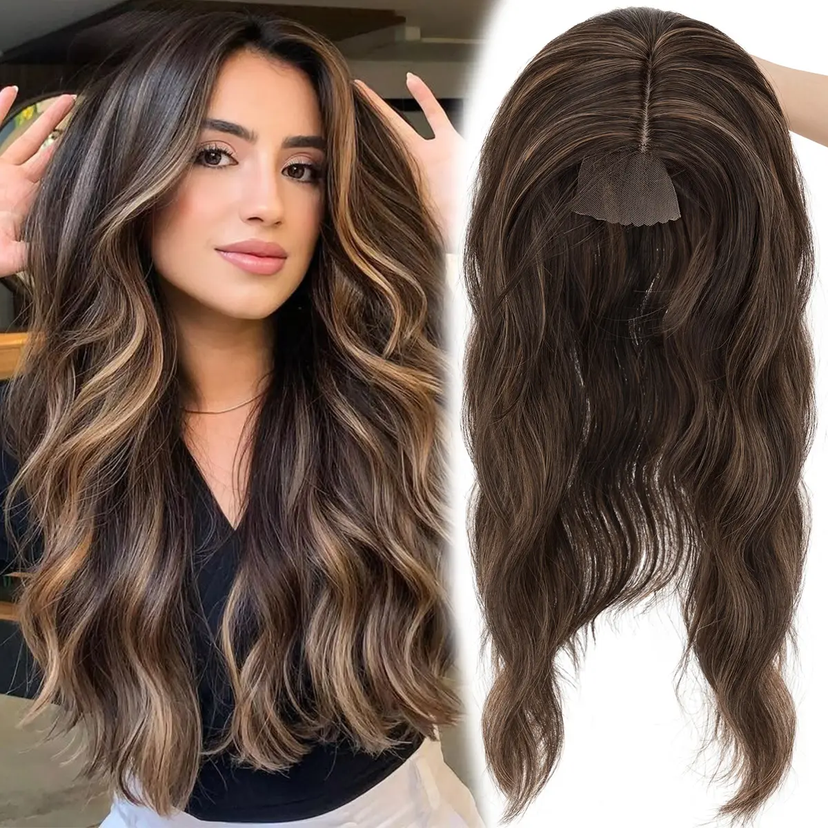 20inch Wavy Hair Topper for Women,6.5"x6.5" Lagre Lace Base,Clip in Synthetic Topper Hairpiece for Thinning Hair,Breathable Wiglet,Lightweight & Full Coverage