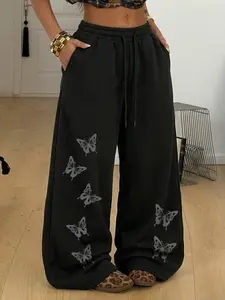Women's Black Wide Leg Sweatpants Casual Comfy Pants - Gray Butterfly Vertical Graphic Y2K Cute & Edgy Style Loose Casual Trousers