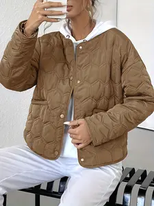 A women's brown checkered round-neck long-sleeved casual warm cotton coat, Jackets suitable for outings, commuting, and both indoor and outdoor wear.