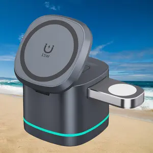 3 in 1 Magnetic Wireless Charger, 15W Fast Charging Station for iPhone 16 15 14 Pro Max Plus & Apple Watch & Airpods, Compact Design Charger for Home & Office Use