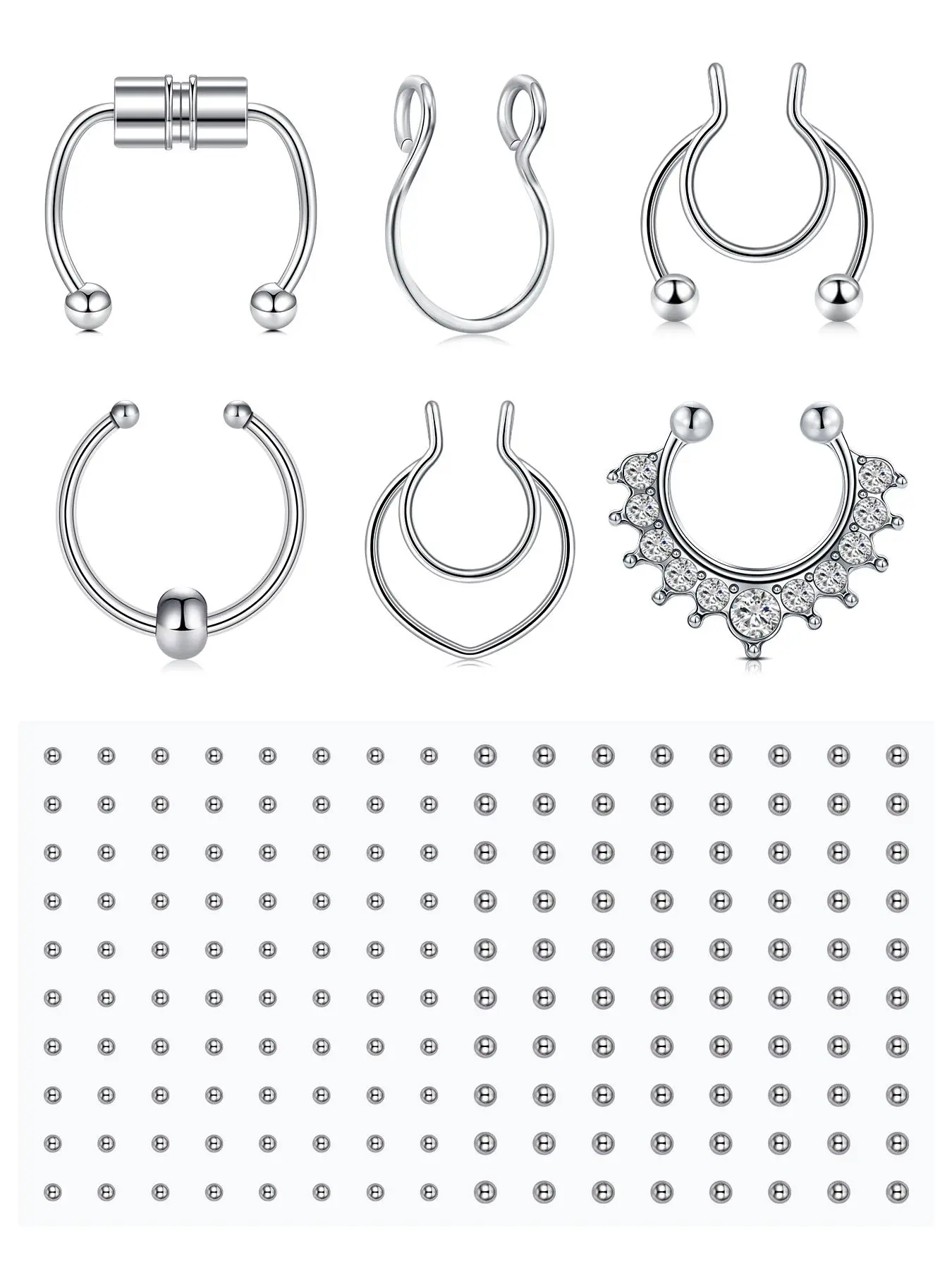 Fake Piercings Fake Lip Ring Fake Nose Ring Fake Eyebrow Piercing Fake Lip Stud Self-Adhesive Face Sticker Fake Piercing Balls Silver Cool Punk Fashion Body Jewelry Y2k Halloween Makeup For Women Men Non-Piercing Body Jewelry Fake Skin Piercing Nose Hoop