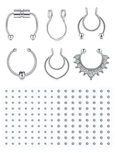 Fake Piercings Fake Lip Ring Fake Nose Ring Fake Eyebrow Piercing Fake Lip Stud Self-Adhesive Face Sticker Fake Piercing Balls Silver Cool Punk Y2k Halloween Makeup For Women Men Non-Piercing Body Jewelry Fake Skin Piercing Nose Hoop