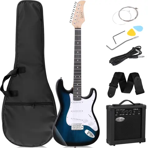 Zeny 39-in Full Size Right-Handed Blue Electric Guitar Beginner Kit - Single Coils, Cable, Guitar Headphone Amplifier & Complete Accessories Pack