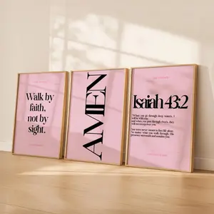 Daily Reminder Scripture Wall Art Set | Christian Bible Verse Prints | Walk By Faith | Amen | Isaiah 43:2 | Minimalist Pink Decor, Gift for Mom