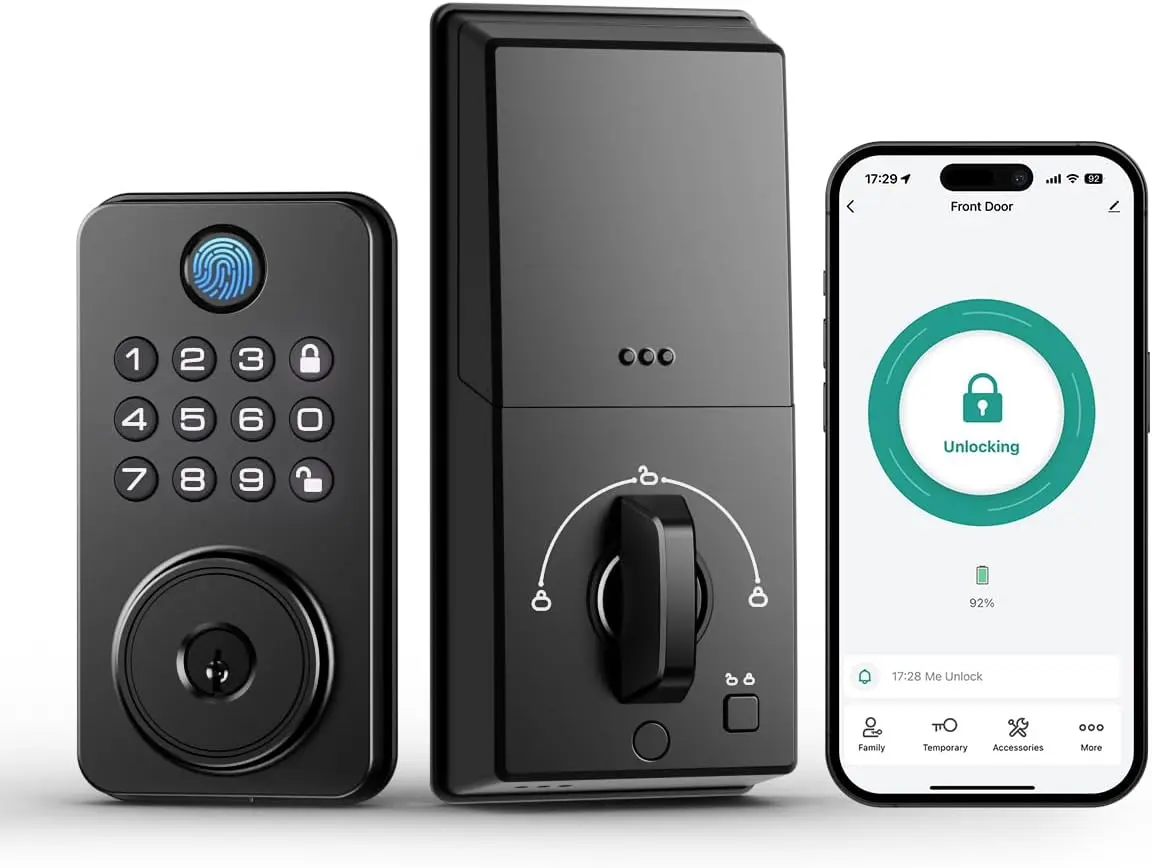 Door Lock with Handle, Door Lock with App, Stores 50 Fingerprints and 50 User Codes, IP65 Deadbolt for Front & Doors, Auto-Lock, Black