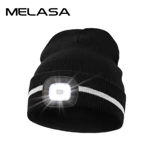 MELASA Reflective Stripe LED Beanie Safety High Visibility Winter Hat with Light for Outdoor Work Sports Gifts for Men Dad