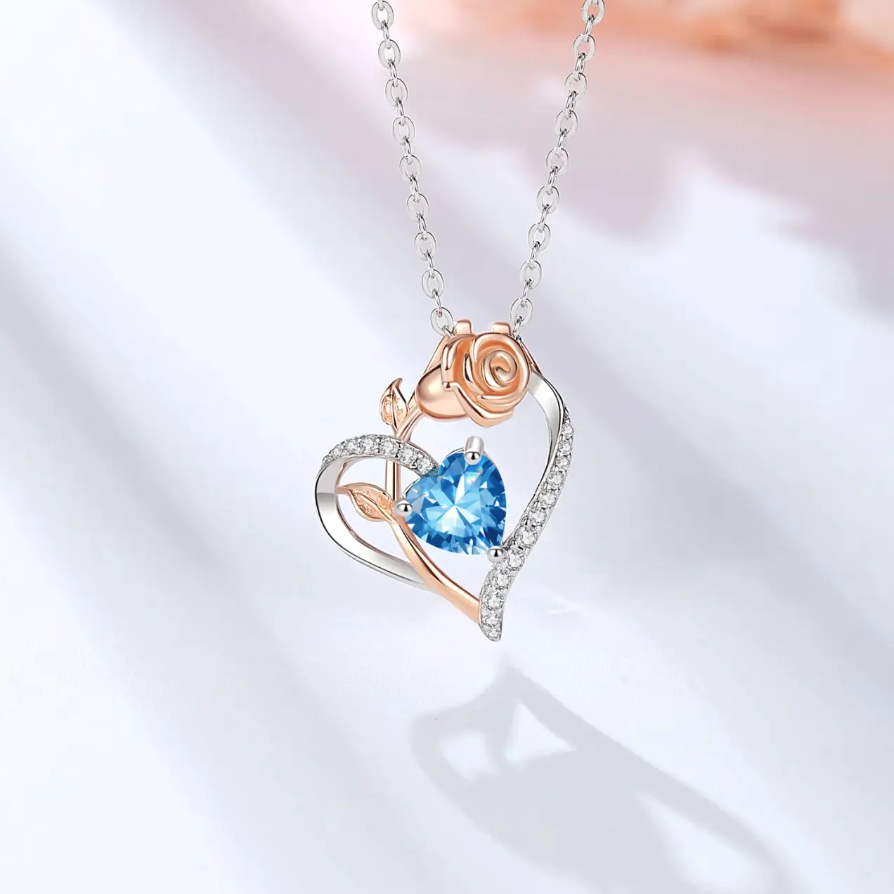 Astu Birthstone Rose Flower Crystal Zircon Heart-Shaped Necklace