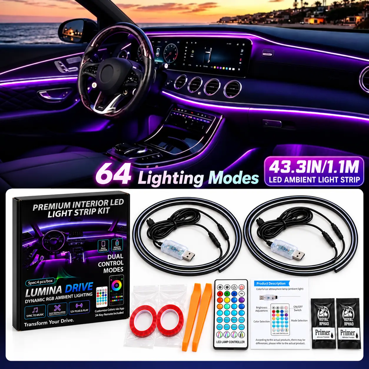 RGB Car Interior LED Strip Lights, USB-Powered Under-Dash Ambient Lighting, App Control, Sound-Active Music Sync, 2-in-1 DIY Design (110cm+110cm), Multi-Color Automotive Accessories for Cars & Trucks