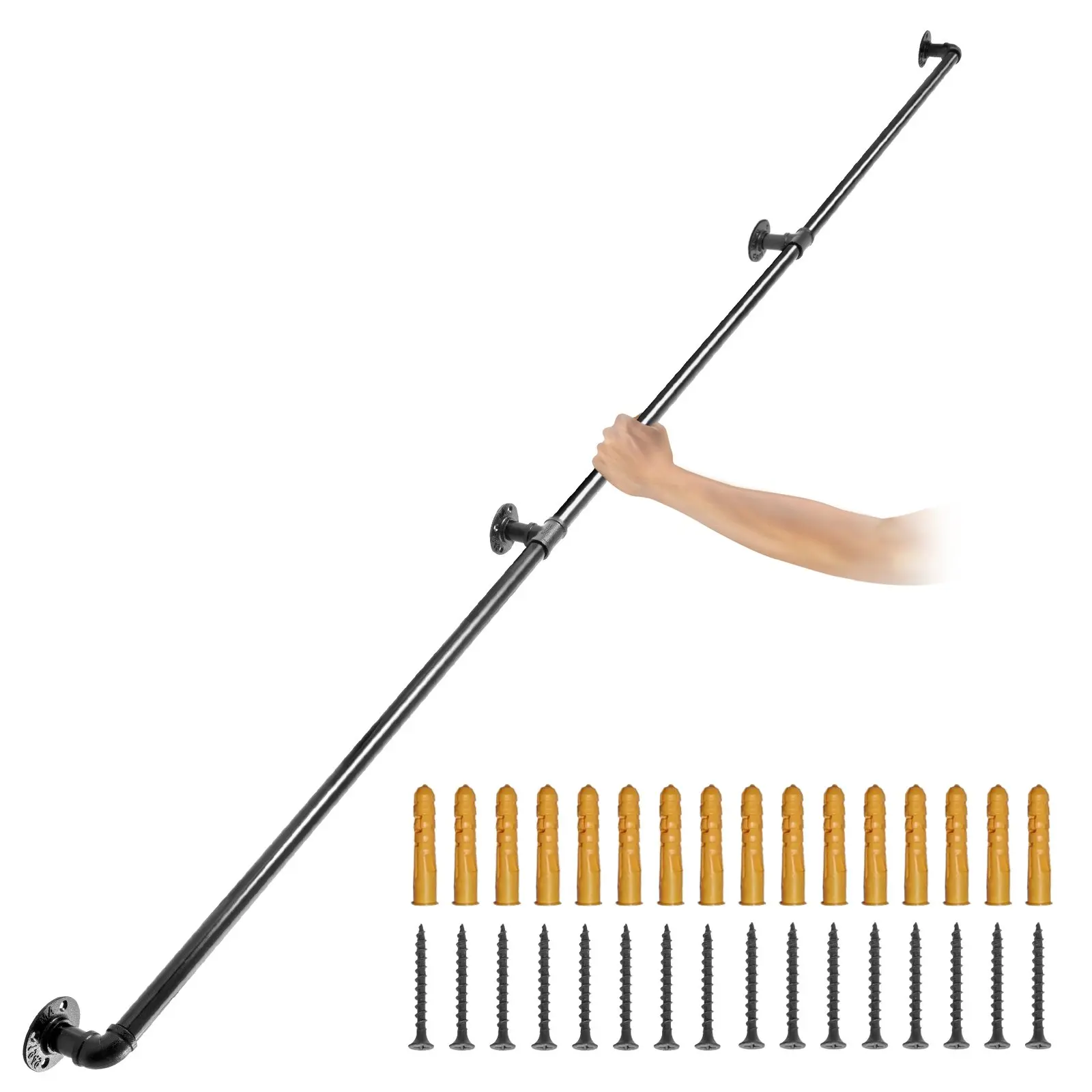 【Summerfinds】VEVOR Heavy Duty Carbon Steel Complete Railing Kit - 11ft, 3 Handrails, 440LBS Load Capacity, Wall-Mount Support, Round Corners, Matte Finish, Industrial Look, 3 Installation Methods, Stair Safety, Apartments, 2.53Lbs, Both Indoors & Outdoors