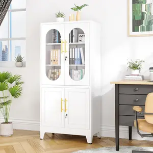 Metal Storage Cupboard with 2 Glass Doors,  White/Black Tall Lockable Cabinet with Adjustable Shelves, Steel Versatile Storage Cabinets for Home Office Garage Gym School