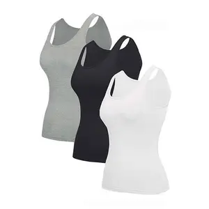 Basic 3-piece vest set – solid-color elastic knit, built-in padded cups, round neckline, breathable fabric, women’s casual sports bra, adjustable spaghetti shoulder straps, basic everyday wear GARMENTARY