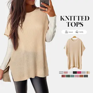 Shewin Women's  Knit Top 2025 Fall Crew Neck Short Sleeve Pullover Sweater with Side Slit Soft Cotton Basic Elegance Piece