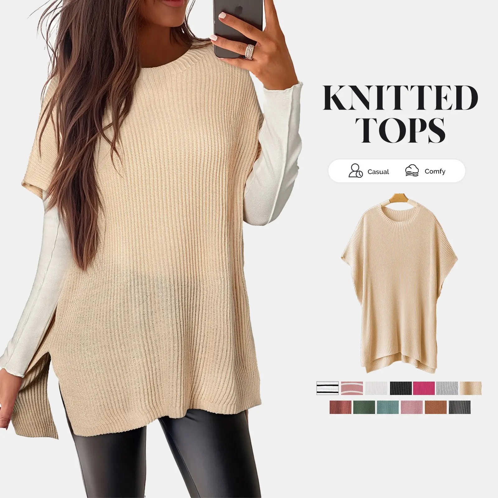 Shewin Women's Fall Oversized Knit Top Casual Crew Neck Drop Shoulder Short Sleeve with Side Slit Soft Knitwear Loose Fit for Daily Wear Elegant Solid