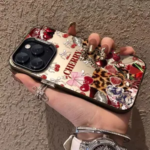 Cherry leopard print bow heart phone case, shockproof hard shell, featuring a vintage girl style design, ideal for gifting, suitable for iPhone 17/16/15/14/13/12/11/X/XS/XSMAX/XR/7P/8P/16E/17E