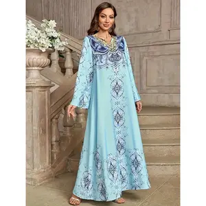 Plus Size - Plus Size, Women'S Elegant Turkish Abaya Dress - Long Formal & casual gown, Non-Stretchy Fabric, Flowy A-Line Maxi Dress for Weddings, Parties, Everyday - Modest Islamic Clothing in Elegant Blue Floral Print Pattern, Muslim Dress, Wedding Gues
