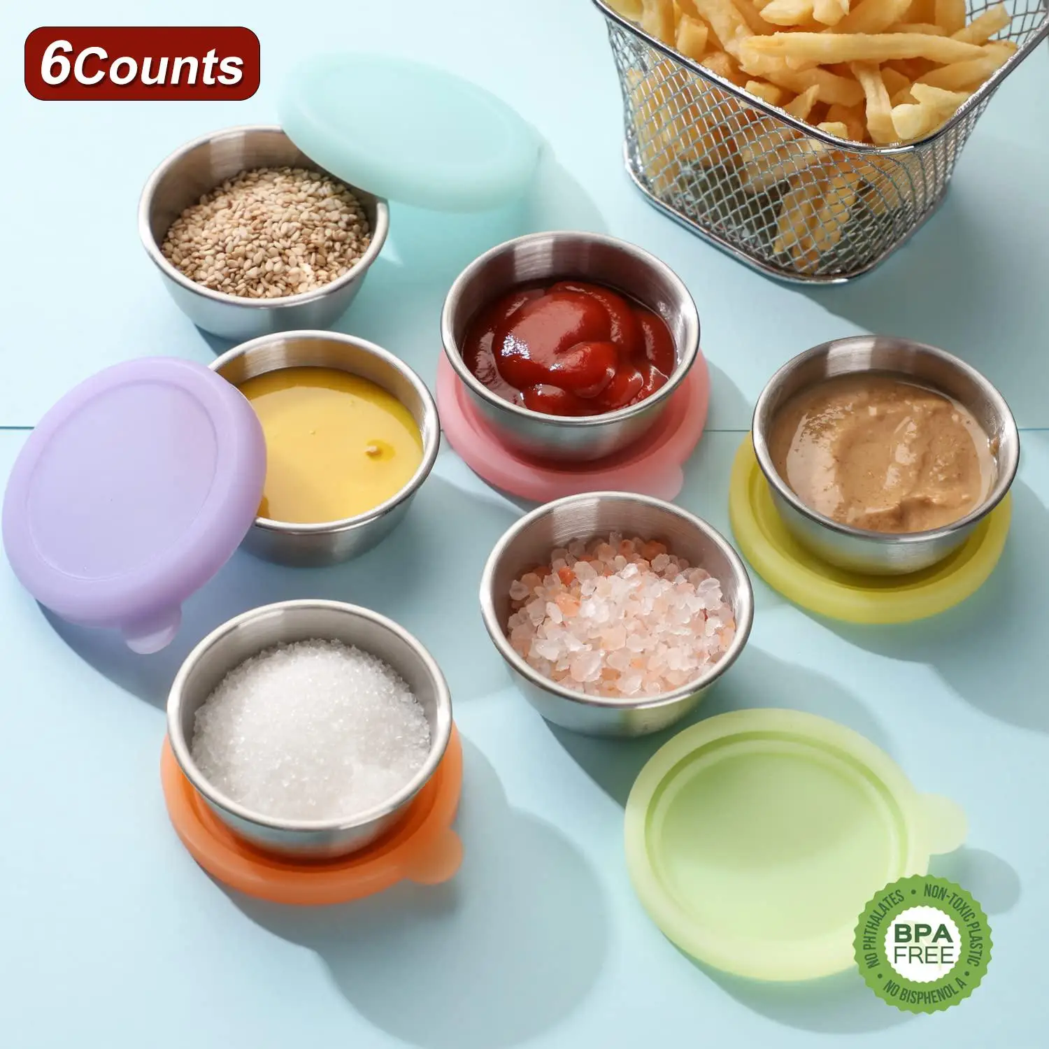 Seasoning Cup with Lid (6pcs), Silicone Flip-top Seasoning Container, Kitchen Utensils for Salad Dressing, Ketchup, Mustard, Sauce, Bento Box Storage