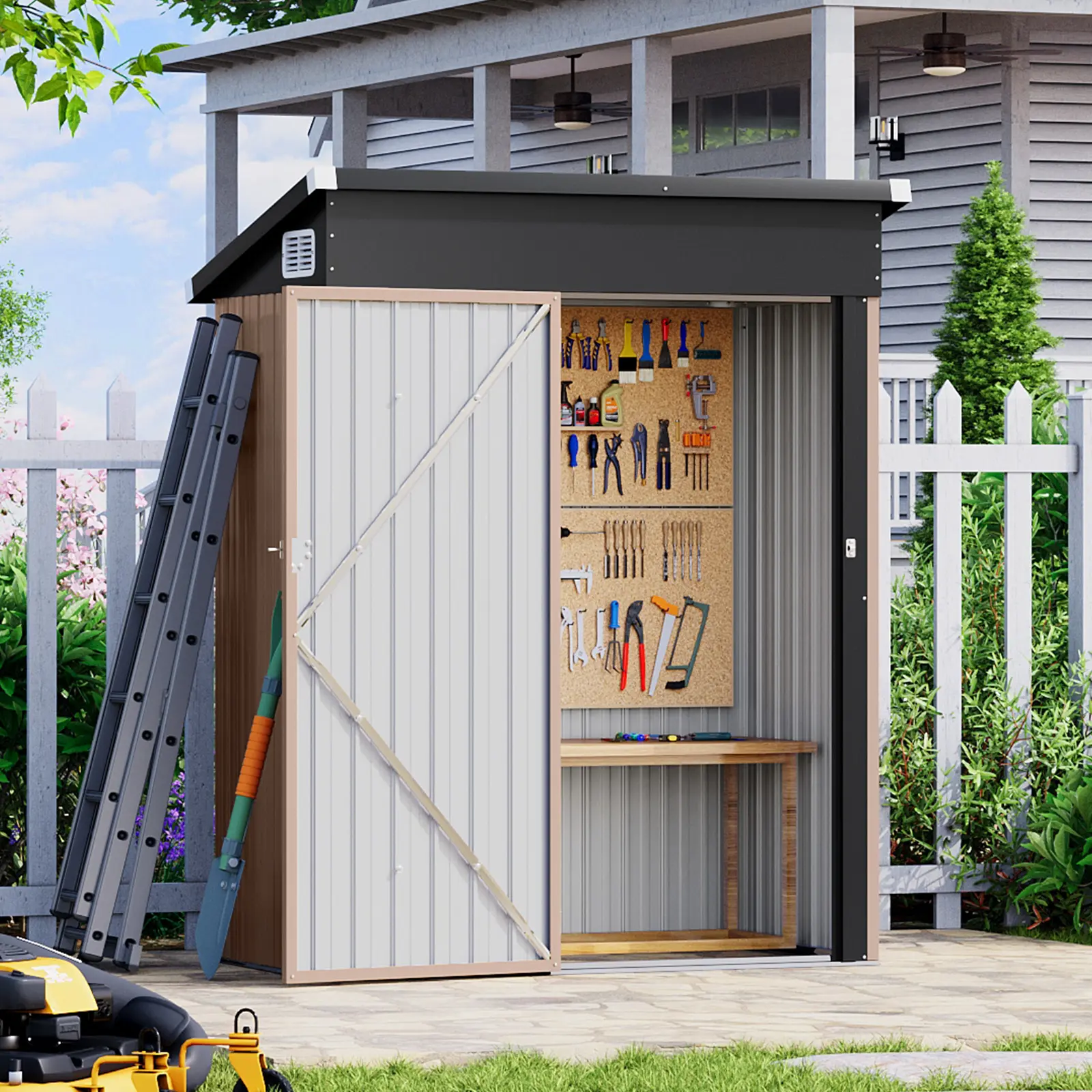 Aoxun 5‘x3‘/3'x2' Durable Garden Metal Storage Shed with Lockable Doors, Steel Utility Tool Shed for Patio, Backyard, Brown, Durable Garden Shed Rainproof Sunproof Roof
