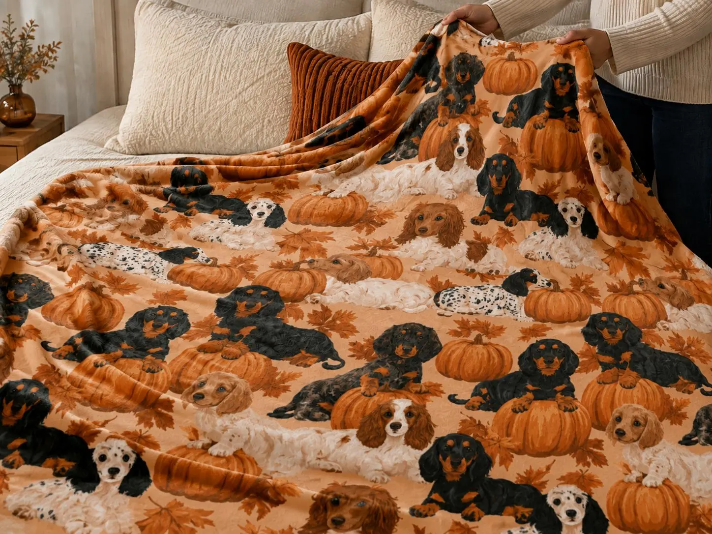 Dachshund Puppies Pumpkin Patch Flannel Blanket, Cute Wiener Sausage Dog Fall Autumn Throw, Soft Cozy Couch Bed Blanket, Thanksgiving Halloween Decor Gift for Dog Mom Dad & Doxie Lovers