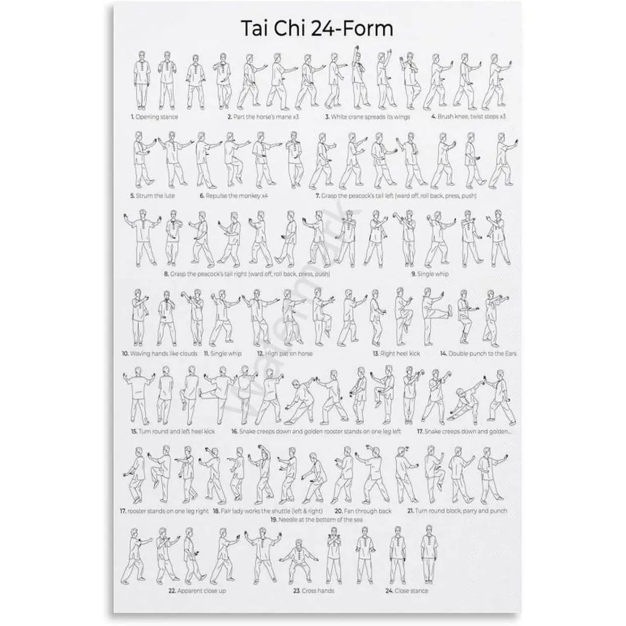 China Wushu Tai Chi 24 Form Poster Chinese Martial Arts Tai Chi Posters Canvas Posters And Prints Wall Art for Living Room Bedroom Decor 12x18inch(30x45cm)