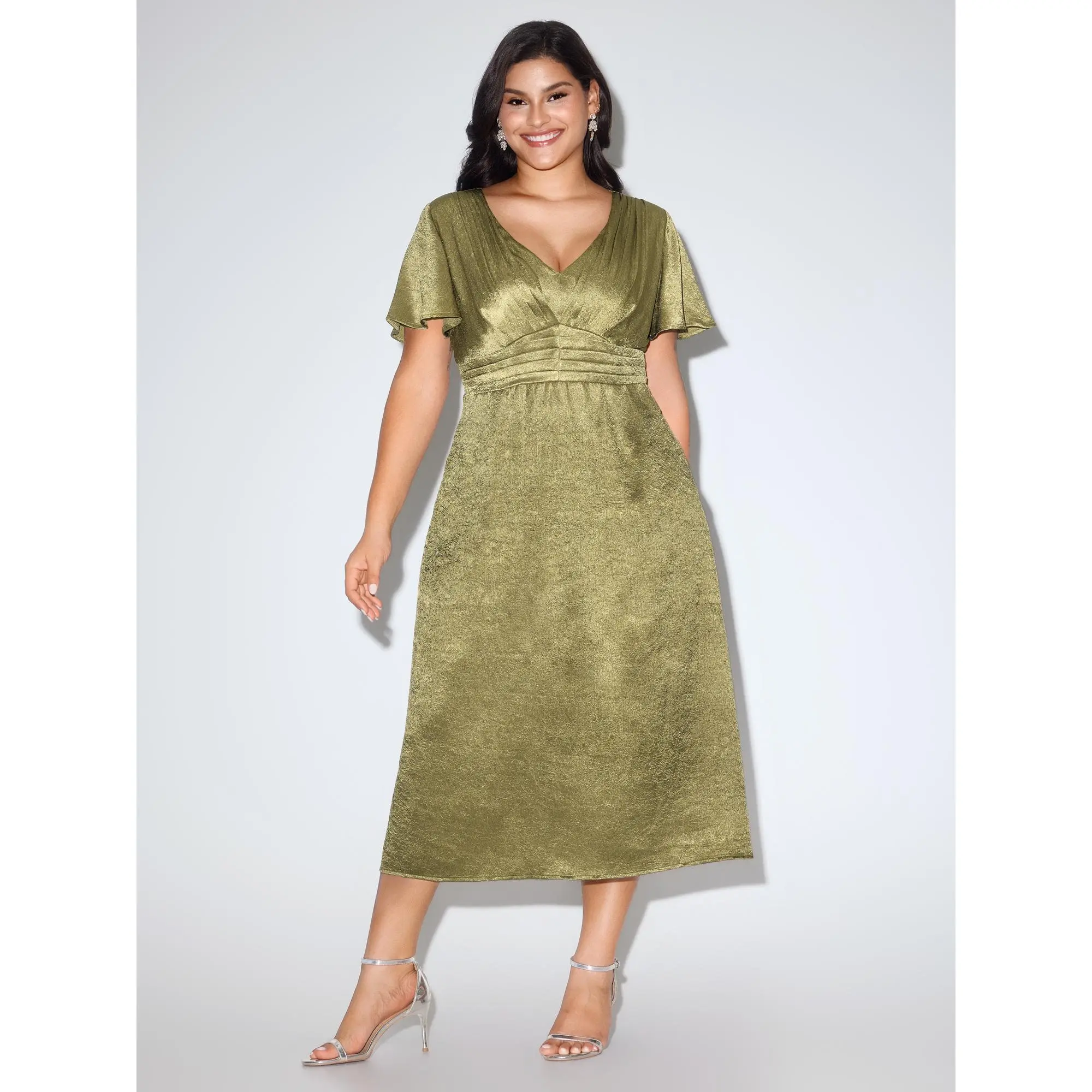 BLOOMCHIC Plus Size Shimmery Flared Sleeve V-Neck Midi Party Dress [M-6X] 2026 Spotlight, Deals For You Days,Summerfinds